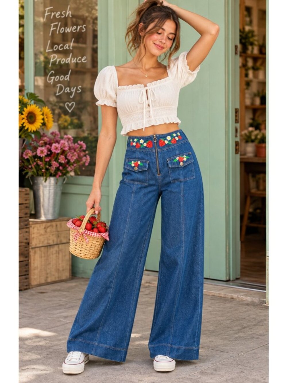 Smak Parlour Strawberry Blossom Embroidered Wide Leg Jeans M Retro Cottagecore